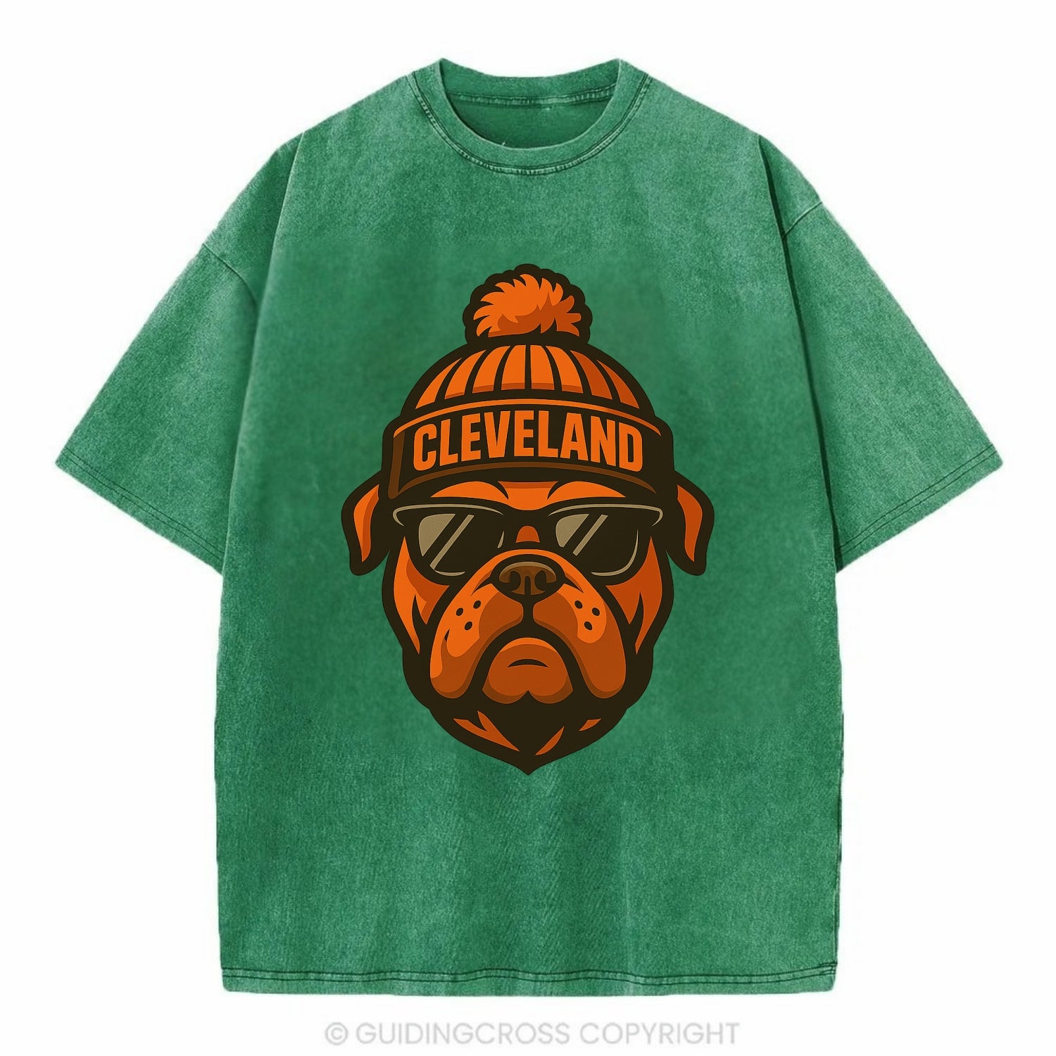 Cleveland Bulldog wearing Browns orange and brown beanie with pom pom and - Vintage T-shirt - Forest Mist(Green)