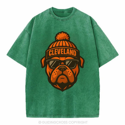 Cleveland Bulldog wearing Browns orange and brown beanie with pom pom and - Vintage T-shirt - Forest Mist(Green)