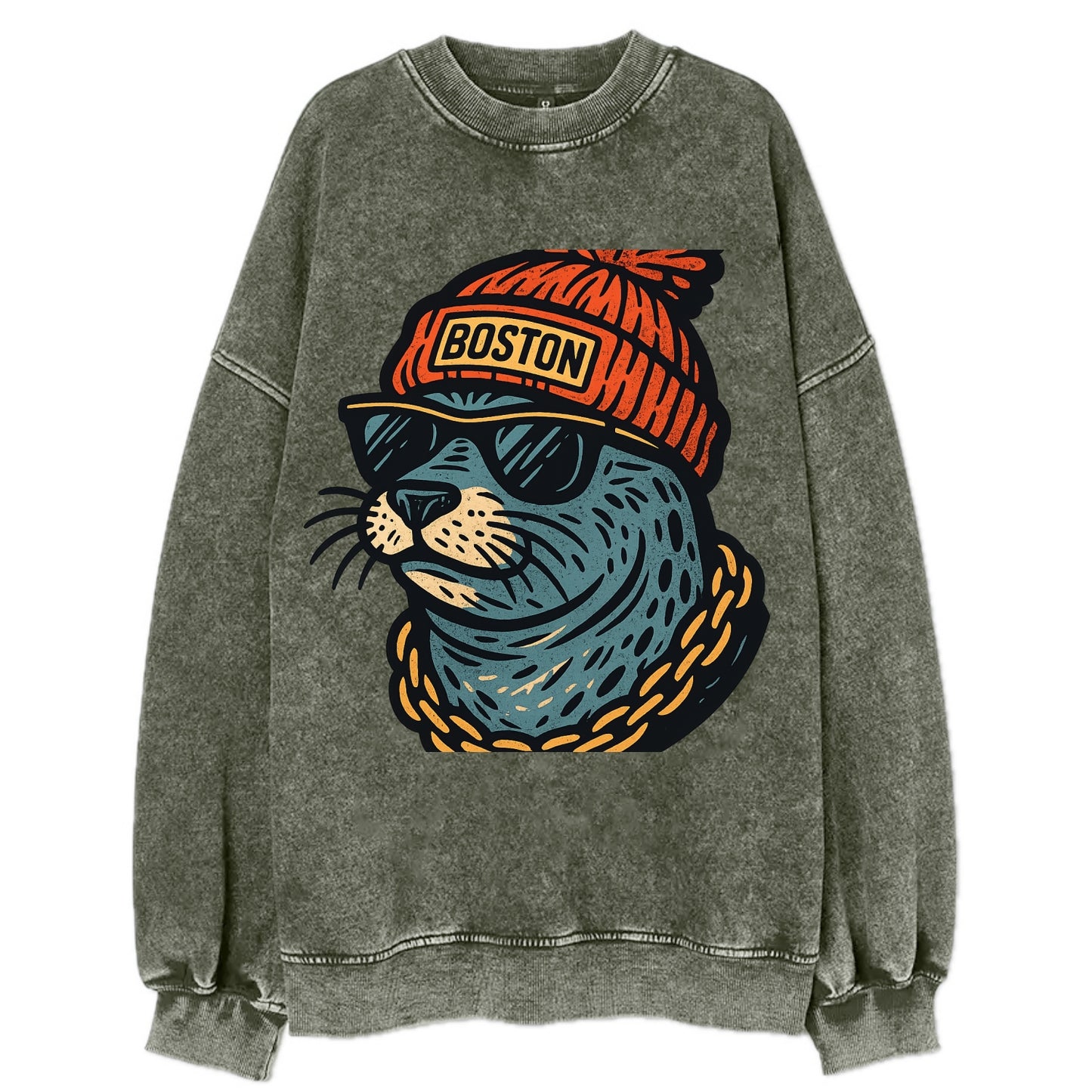 Boston Harbor Seal wearing Boston beanie with pom pom and wayfarer sunglasses - Vintage Sweatshirt - Forest Mist(Green)