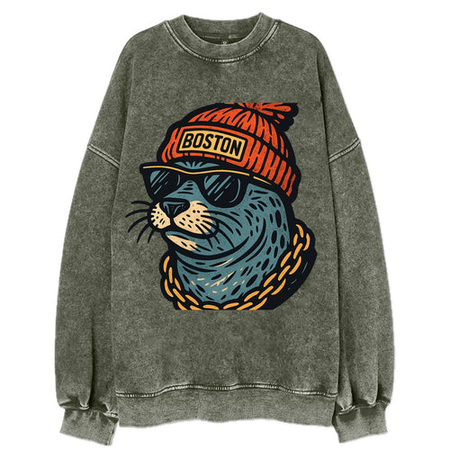 Boston Harbor Seal wearing Boston beanie with pom pom and wayfarer sunglasses - Vintage Sweatshirt
