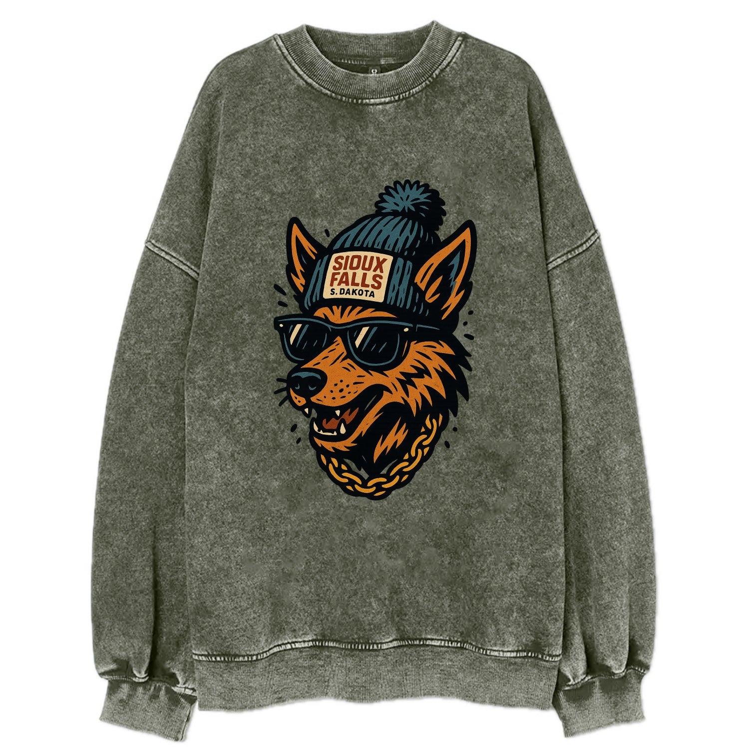 South Dakota Coyote wearing Sioux Falls beanie with pom pom and wayfarer - Vintage Sweatshirt - Forest Mist(Green)