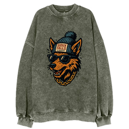 South Dakota Coyote wearing Sioux Falls beanie with pom pom and wayfarer - Vintage Sweatshirt - Forest Mist(Green)