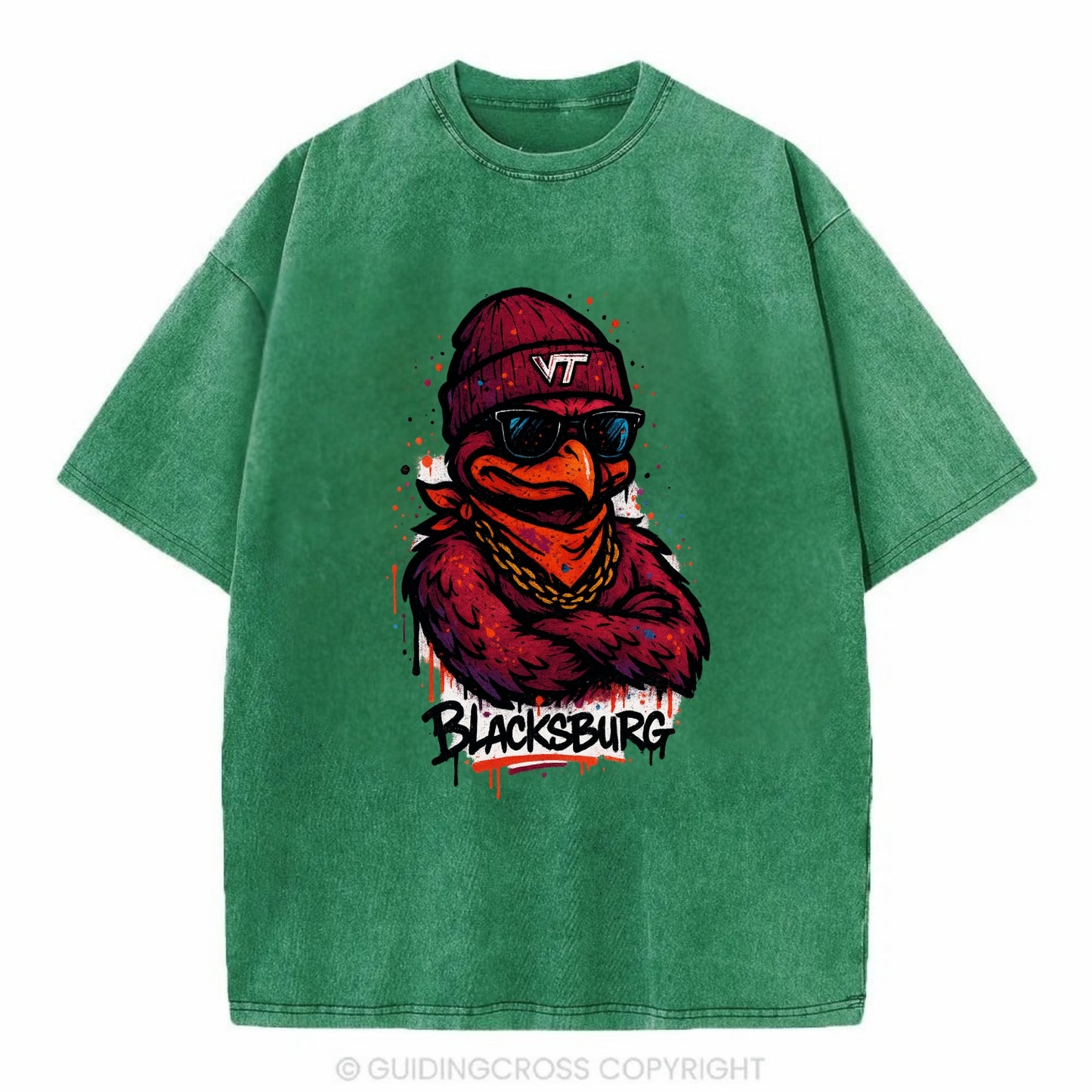 Blacksburg HokieBird wearing Virginia Tech beanie with VT patch - Vintage T-shirt - Forest Mist(Green)