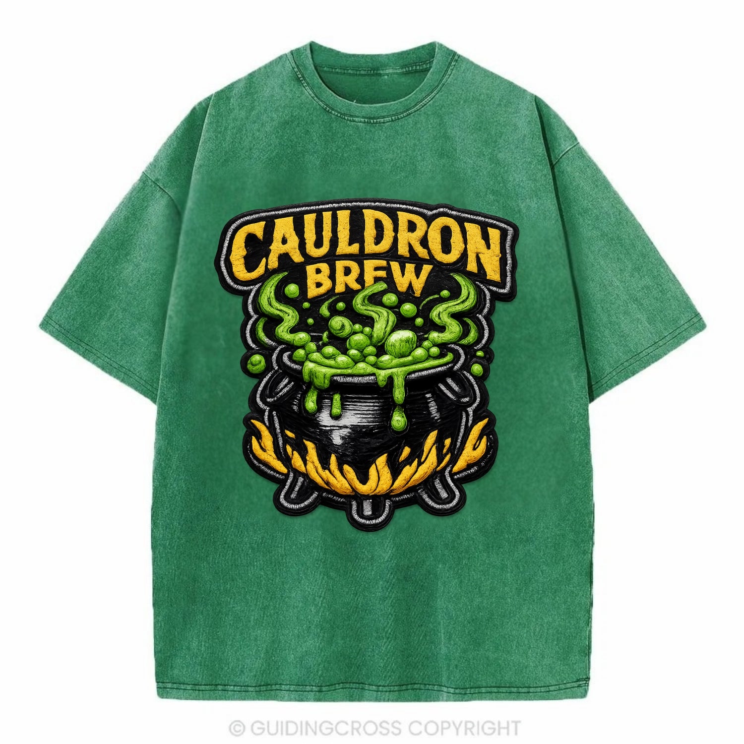 CAULDRON BREW - bubbling pot in black and green , witch craft - Vintage T-shirt - Forest Mist(Green)