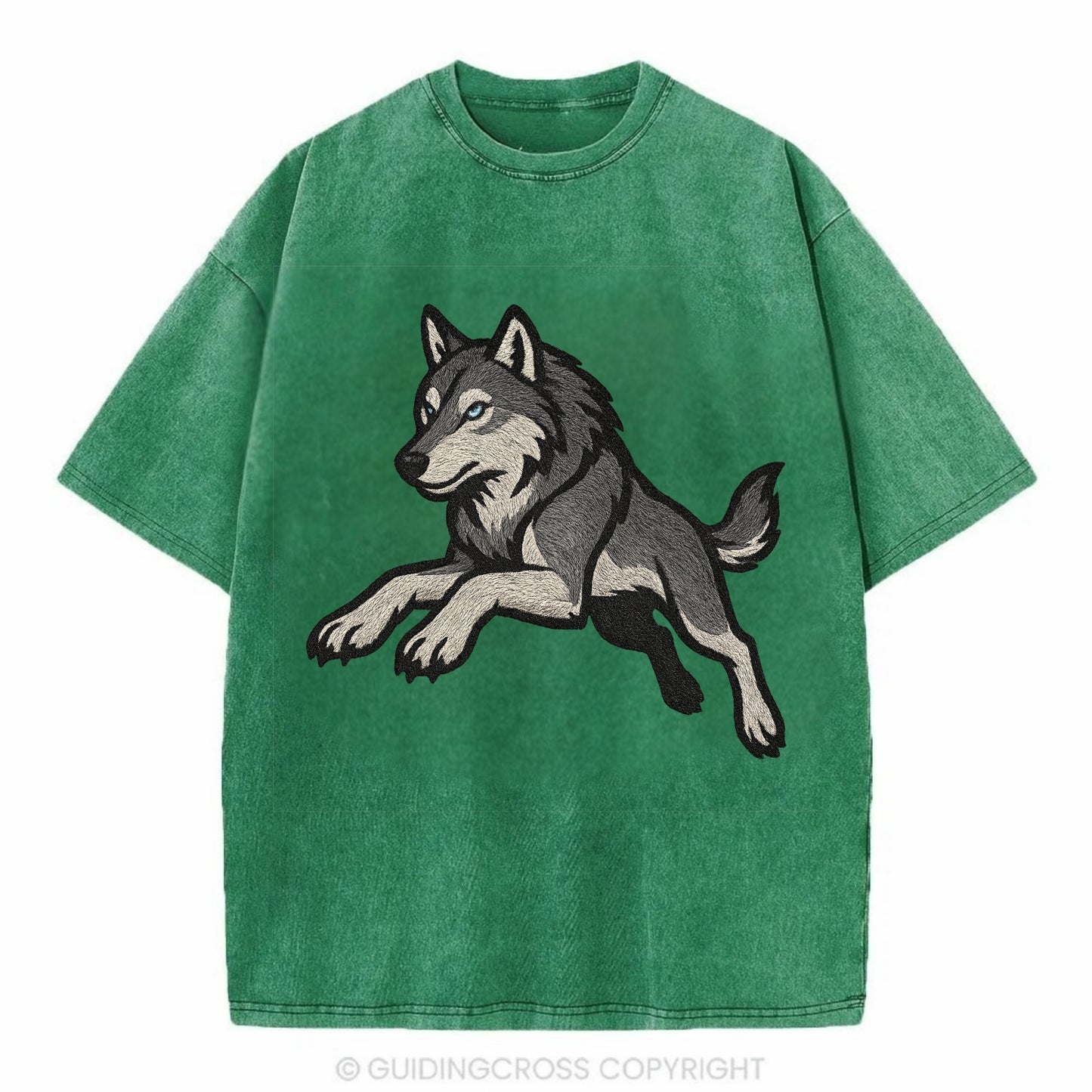Wolf Leaping Action  - Vintage T-shirt - Forest Mist(Green)