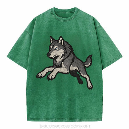 Wolf Leaping Action  - Vintage T-shirt - Forest Mist(Green)