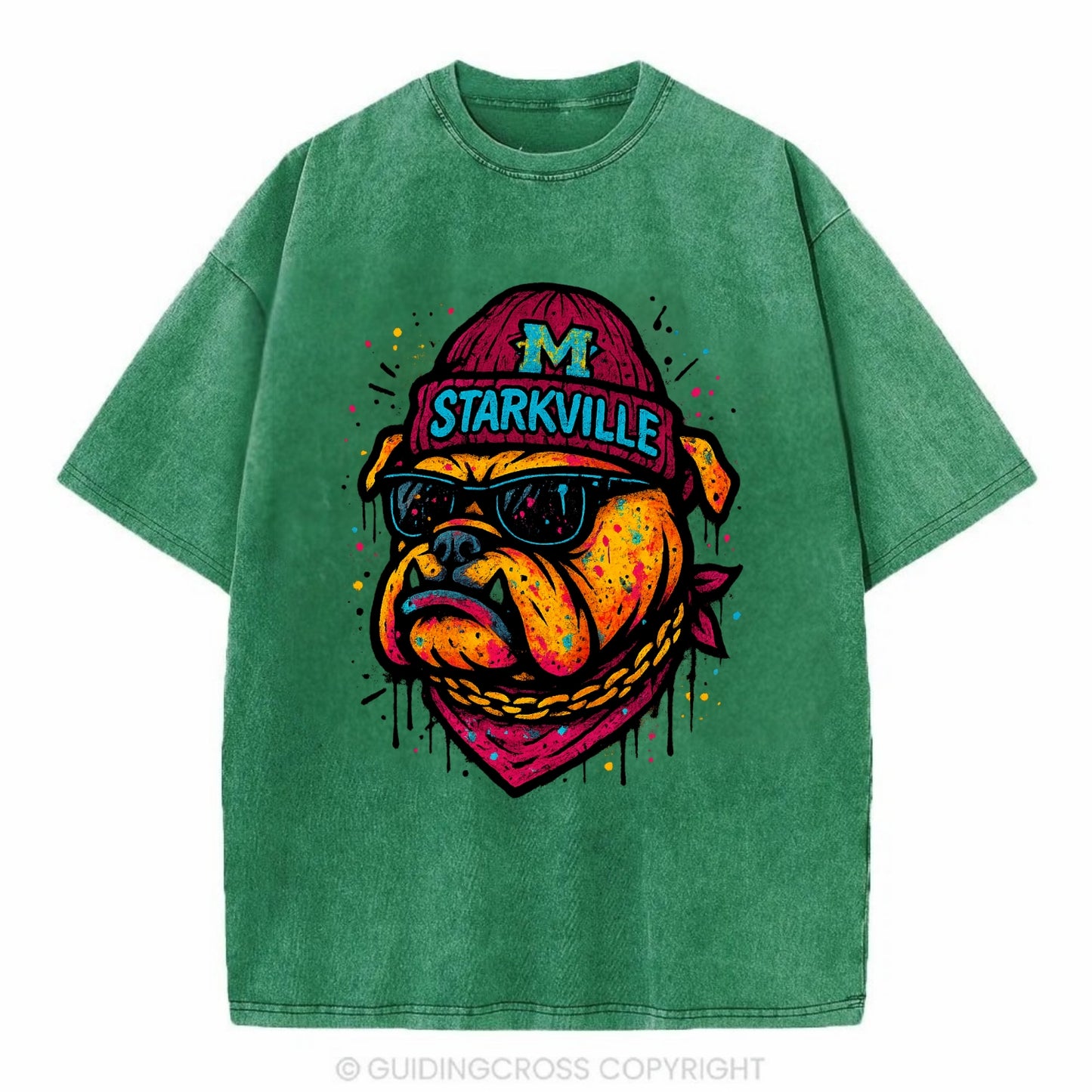 Starkville Bulldog wearing Mississippi State beanie with M patch - Vintage T-shirt - Forest Mist(Green)