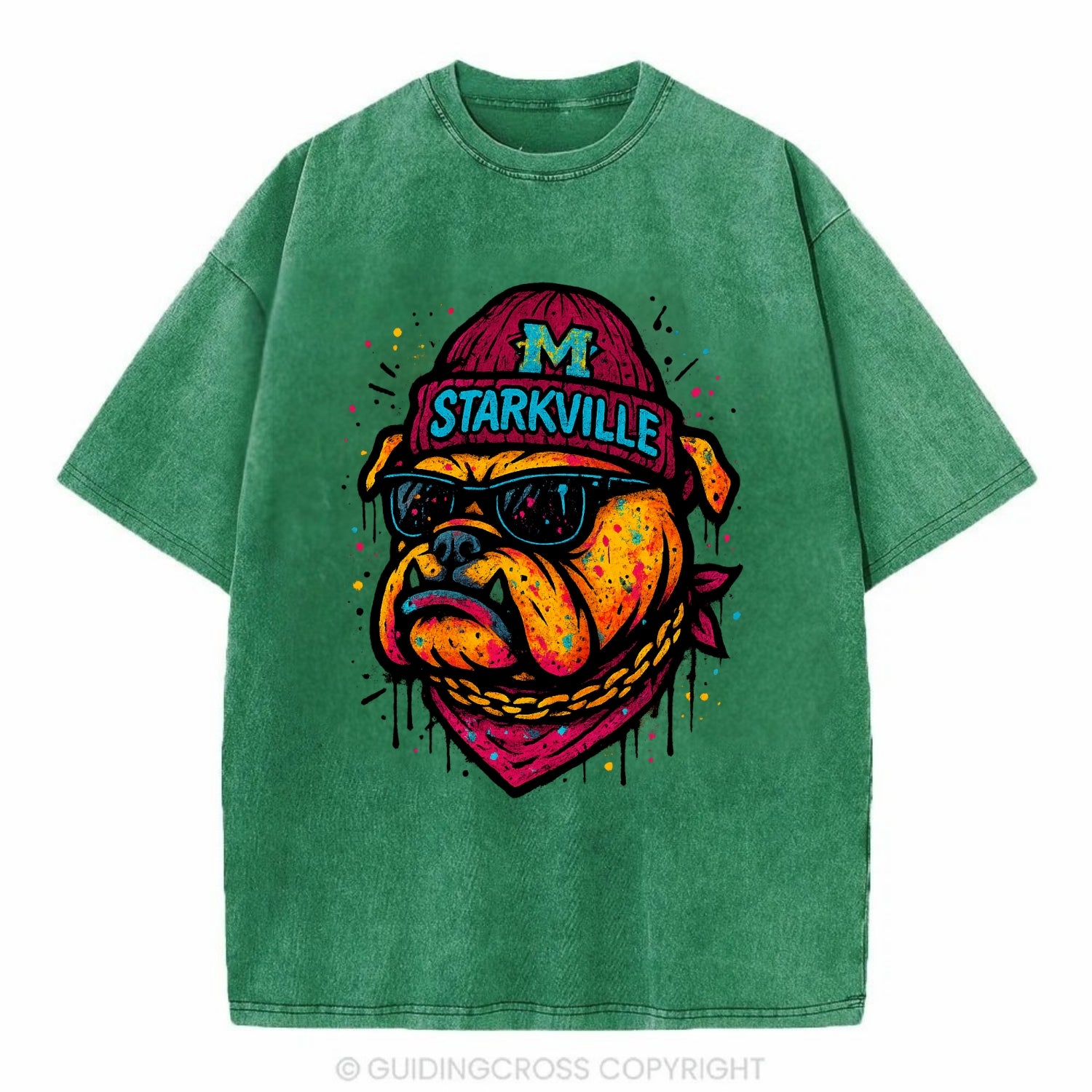 Starkville Bulldog wearing Mississippi State beanie with M patch - Vintage T-shirt - Forest Mist(Green)