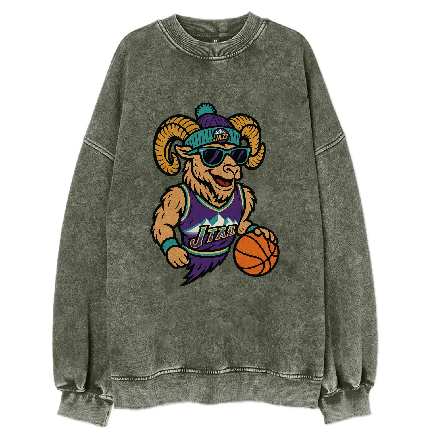 Utah Bighorn wearing Jazz beanie with mountain melody patch and wayfarer - Vintage Sweatshirt - Forest Mist(Green)