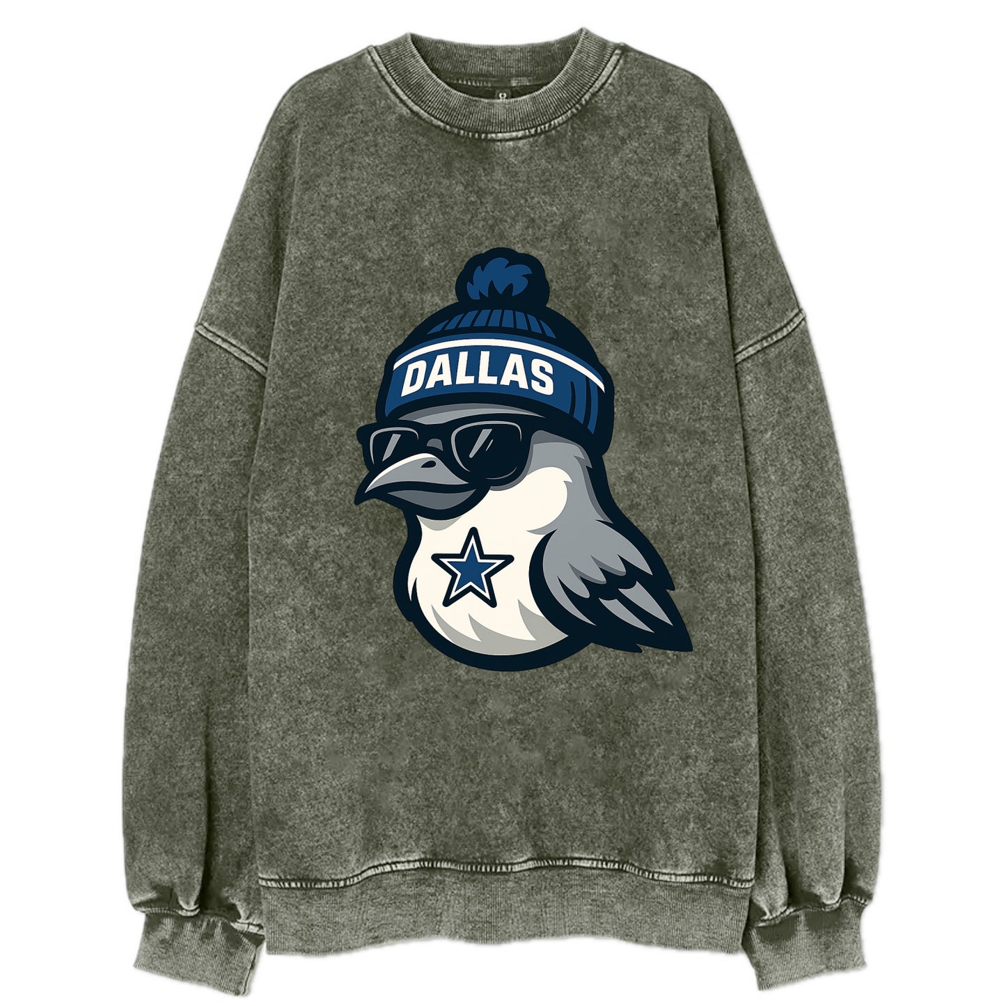 Dallas Mockingbird wearing Cowboys beanie with sheriff star and wayfarer - Vintage Sweatshirt - Forest Mist(Green)