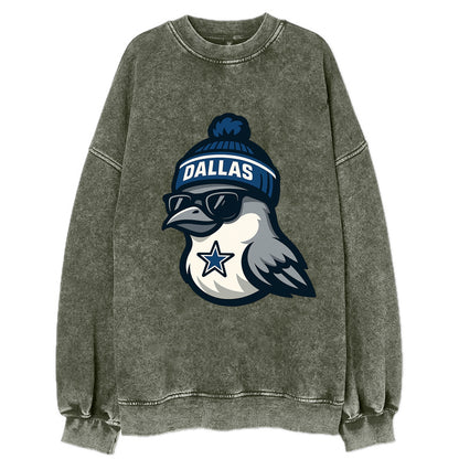 Dallas Mockingbird wearing Cowboys beanie with sheriff star and wayfarer - Vintage Sweatshirt - Forest Mist(Green)