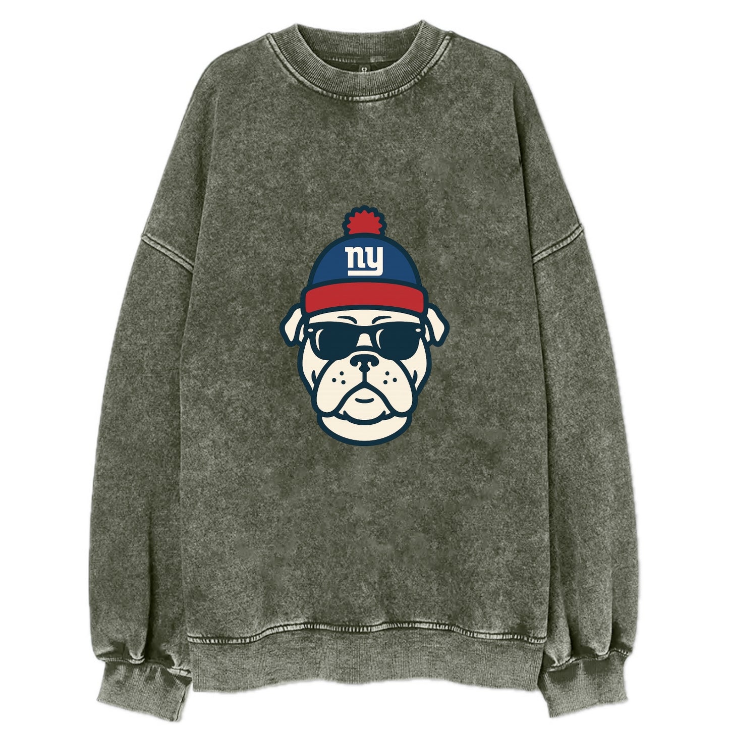 New York Bulldog wearing Giants blue and red beanie with pom pom and wayfarer - Vintage Sweatshirt - Forest Mist(Green)