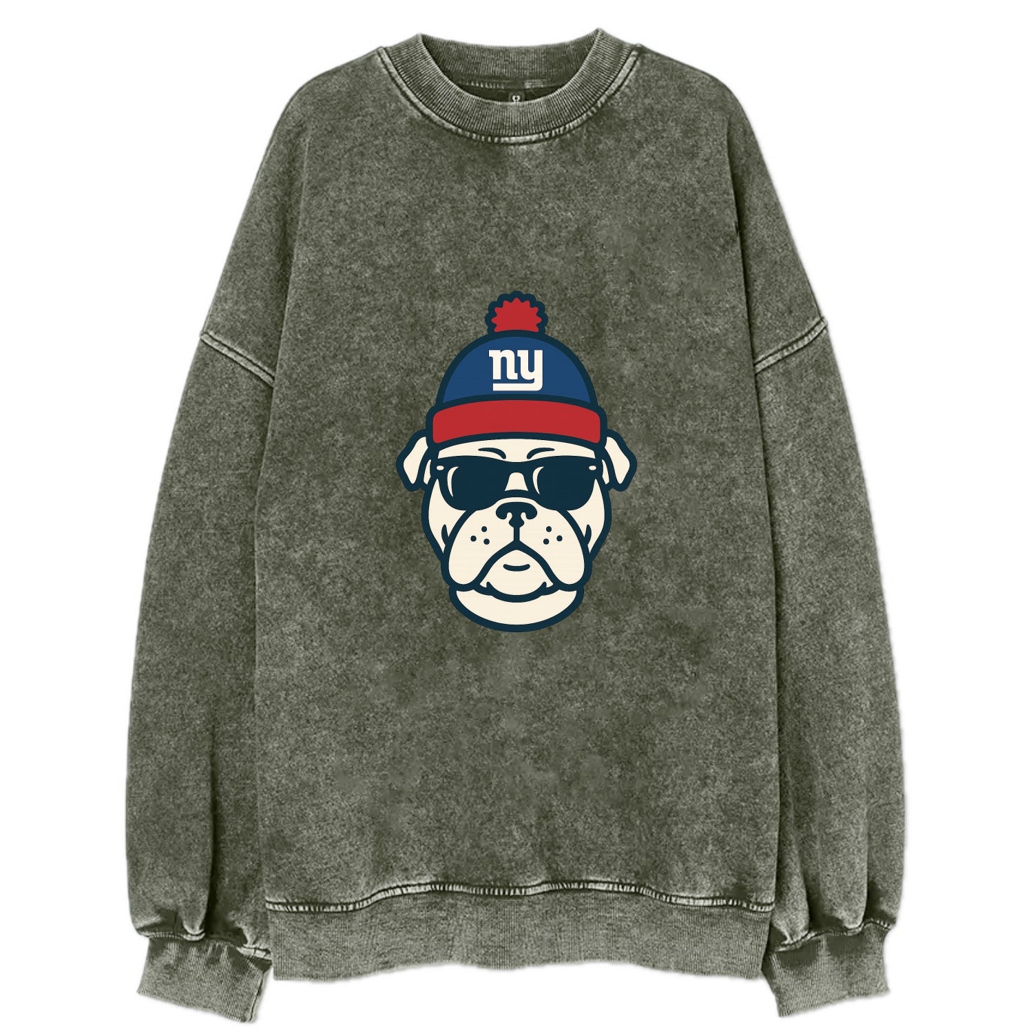 New York Bulldog wearing Giants blue and red beanie with pom pom and wayfarer - Vintage Sweatshirt - Forest Mist(Green)