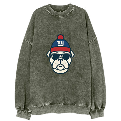 New York Bulldog wearing Giants blue and red beanie with pom pom and wayfarer - Vintage Sweatshirt - Forest Mist(Green)