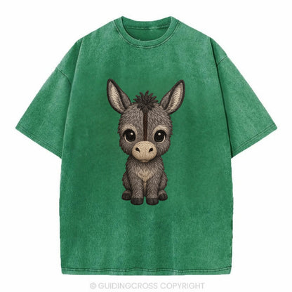 Baby Donkey Foal - gray fluffy, long ears, dark stripe, gentle eyes, - Vintage T-shirt - Forest Mist(Green)