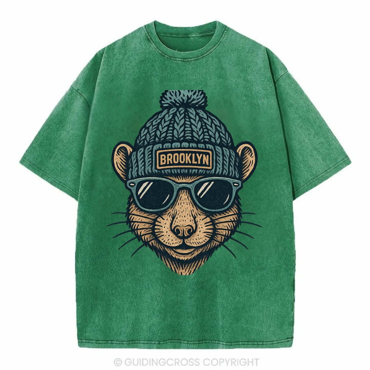 NYC Rat wearing Brooklyn beanie with pom pom and wayfarer sunglasses - Vintage T-shirt - Forest Mist(Green)