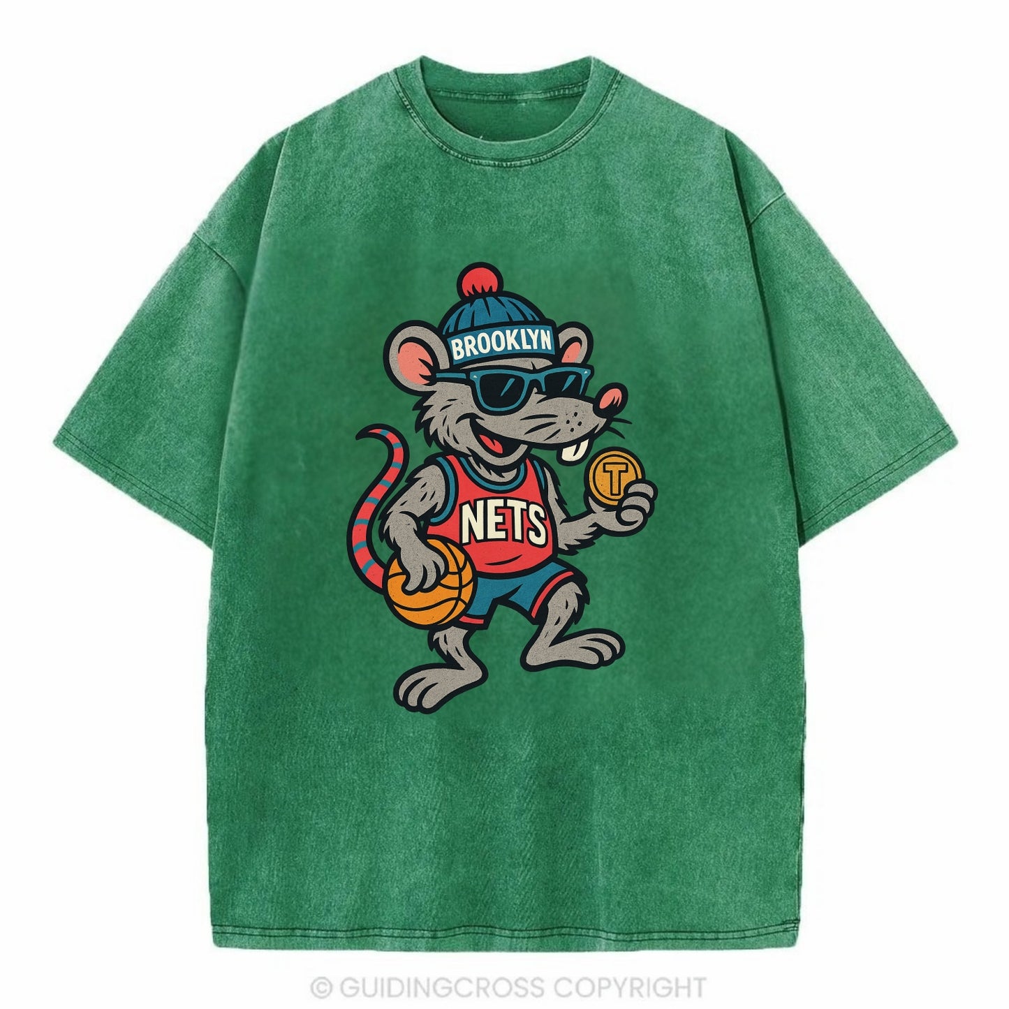 Brooklyn Rat wearing Nets beanie with subway token and wayfarer sunglasses - Vintage T-shirt - Forest Mist(Green)