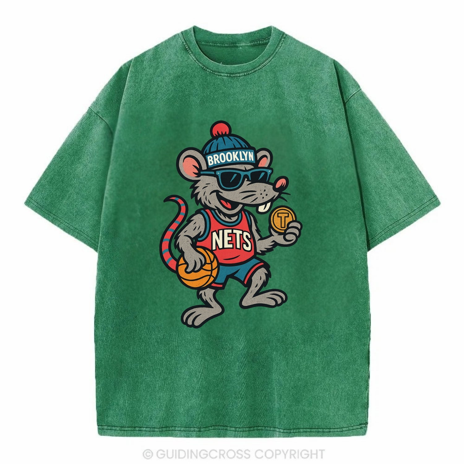 Brooklyn Rat wearing Nets beanie with subway token and wayfarer sunglasses - Vintage T-shirt - Forest Mist(Green)