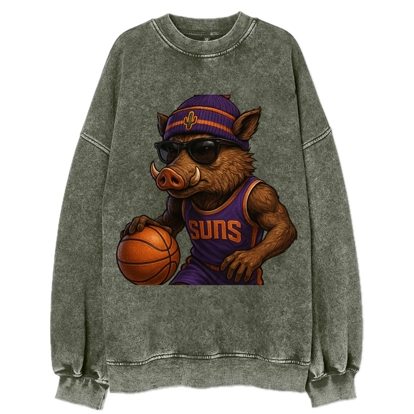 Phoenix Javelina wearing Suns beanie with cactus patch and wayfarer sunglasses - Vintage Sweatshirt - Forest Mist(Green)