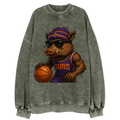 Phoenix Javelina wearing Suns beanie with cactus patch and wayfarer sunglasses - Vintage Sweatshirt - Forest Mist(Green)