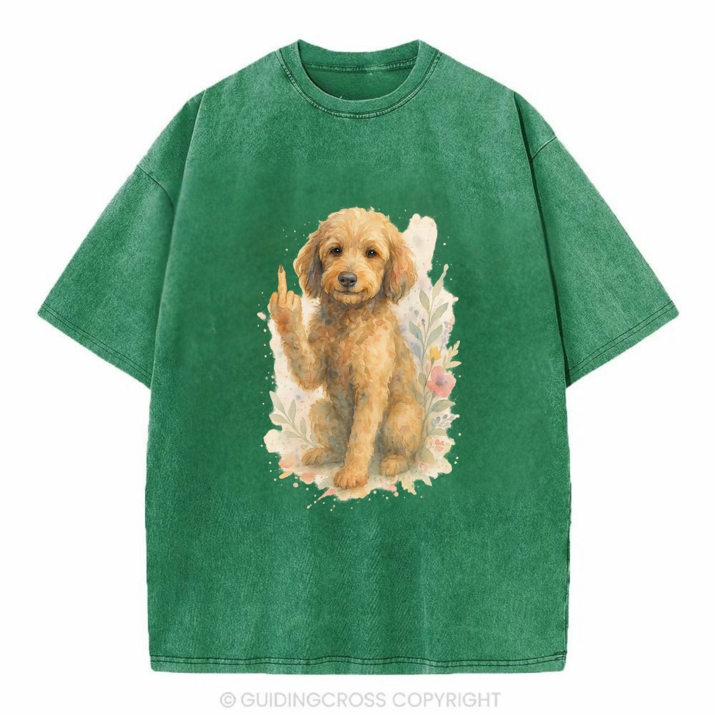 Labradoodle hypoallergenic with wavy coat, intelligent eyes, paw raised - Vintage T-shirt - Forest Mist(Green)