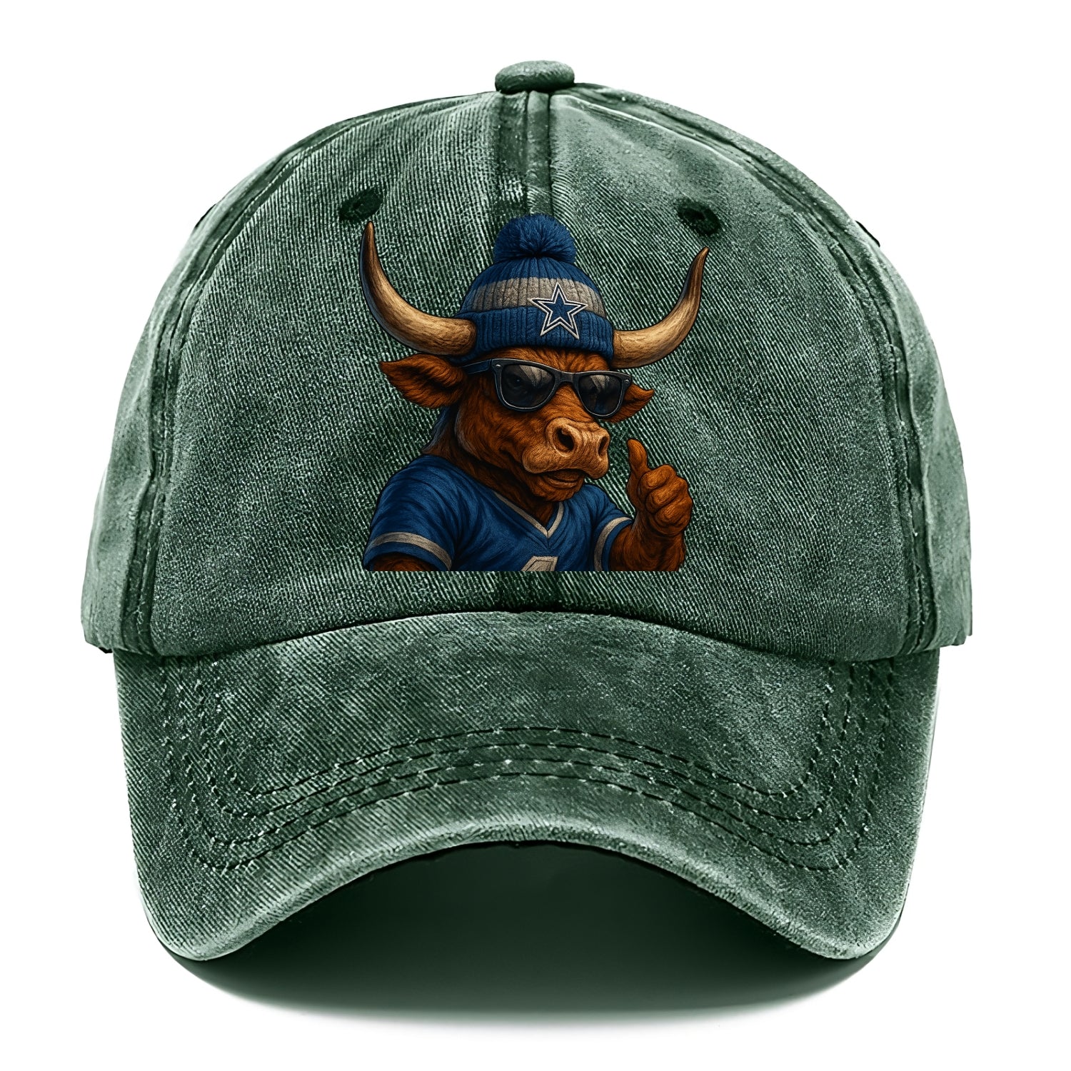 Texas Longhorn wearing Cowboys silver and blue beanie with star and wayfarer - Classic Cap - Forest Mist(Green)
