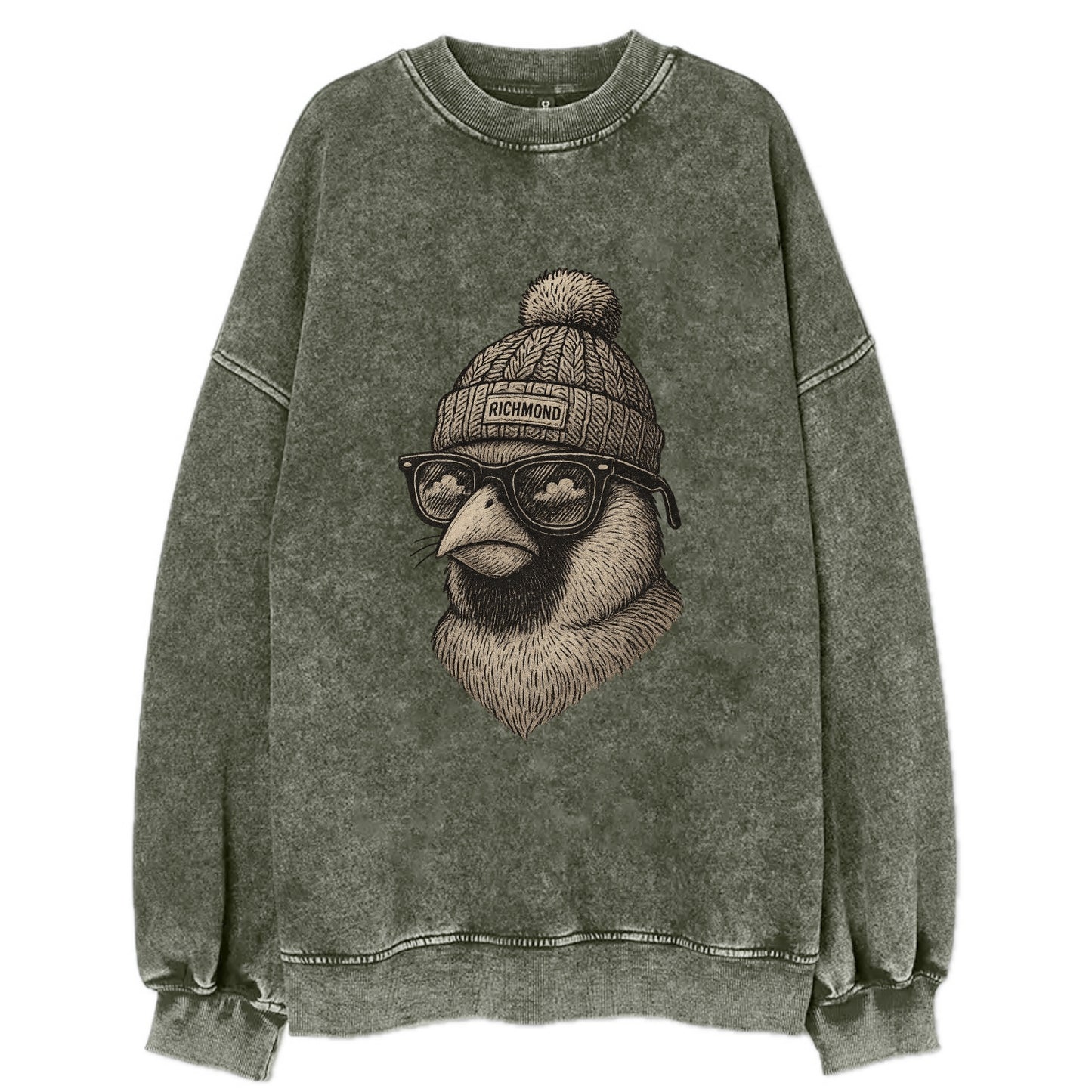 Virginia Cardinal wearing Richmond beanie with pom pom and wayfarer sunglasses - Vintage Sweatshirt - Forest Mist(Green)