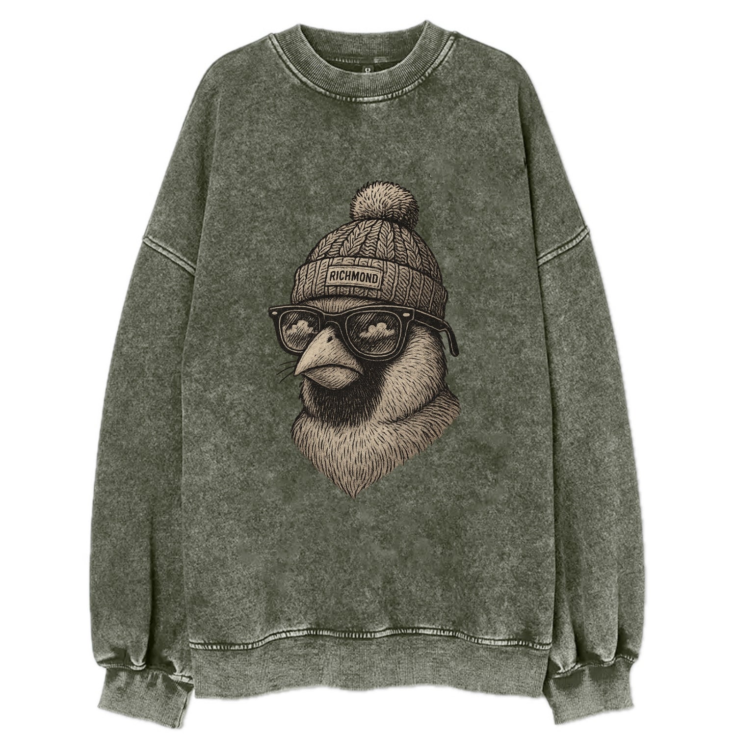 Virginia Cardinal wearing Richmond beanie with pom pom and wayfarer sunglasses - Vintage Sweatshirt - Forest Mist(Green)