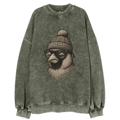 Virginia Cardinal wearing Richmond beanie with pom pom and wayfarer sunglasses - Vintage Sweatshirt - Forest Mist(Green)