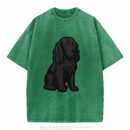 Field Spaniel - Black silky coat embroidered pose - Vintage T-shirt - Forest Mist(Green)