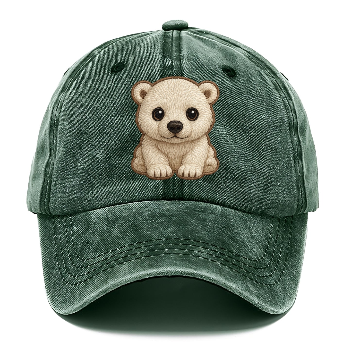 Baby Polar Bear Cub - white fluffy, black nose, dark curious eyes, front-facing, - Classic Cap - Forest Mist(Green)