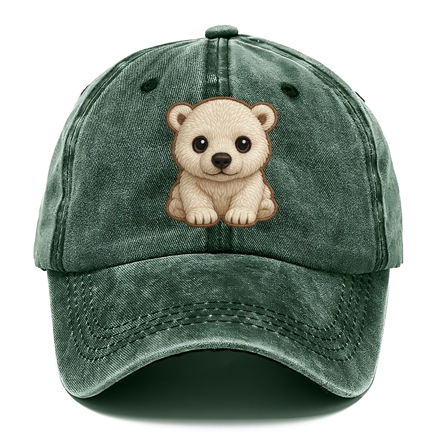Baby Polar Bear Cub - white fluffy, black nose, dark curious eyes, front-facing, - Classic Cap - Forest Mist(Green)