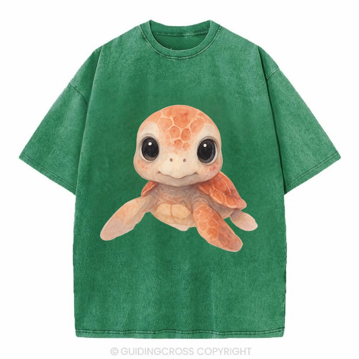 Baby Loggerhead Turtle - reddish-brown shell, big round dark eyes, chunky head, - Vintage T-shirt - Forest Mist(Green)