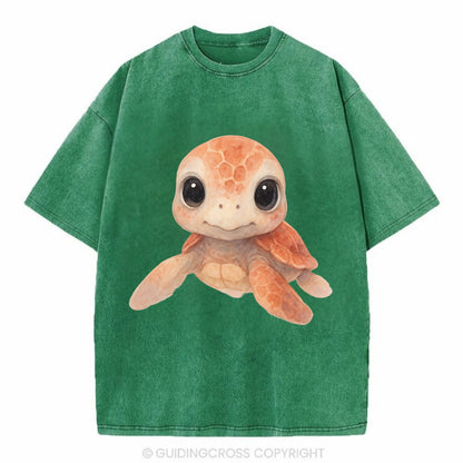 Baby Loggerhead Turtle - reddish-brown shell, big round dark eyes, chunky head, - Vintage T-shirt - Forest Mist(Green)