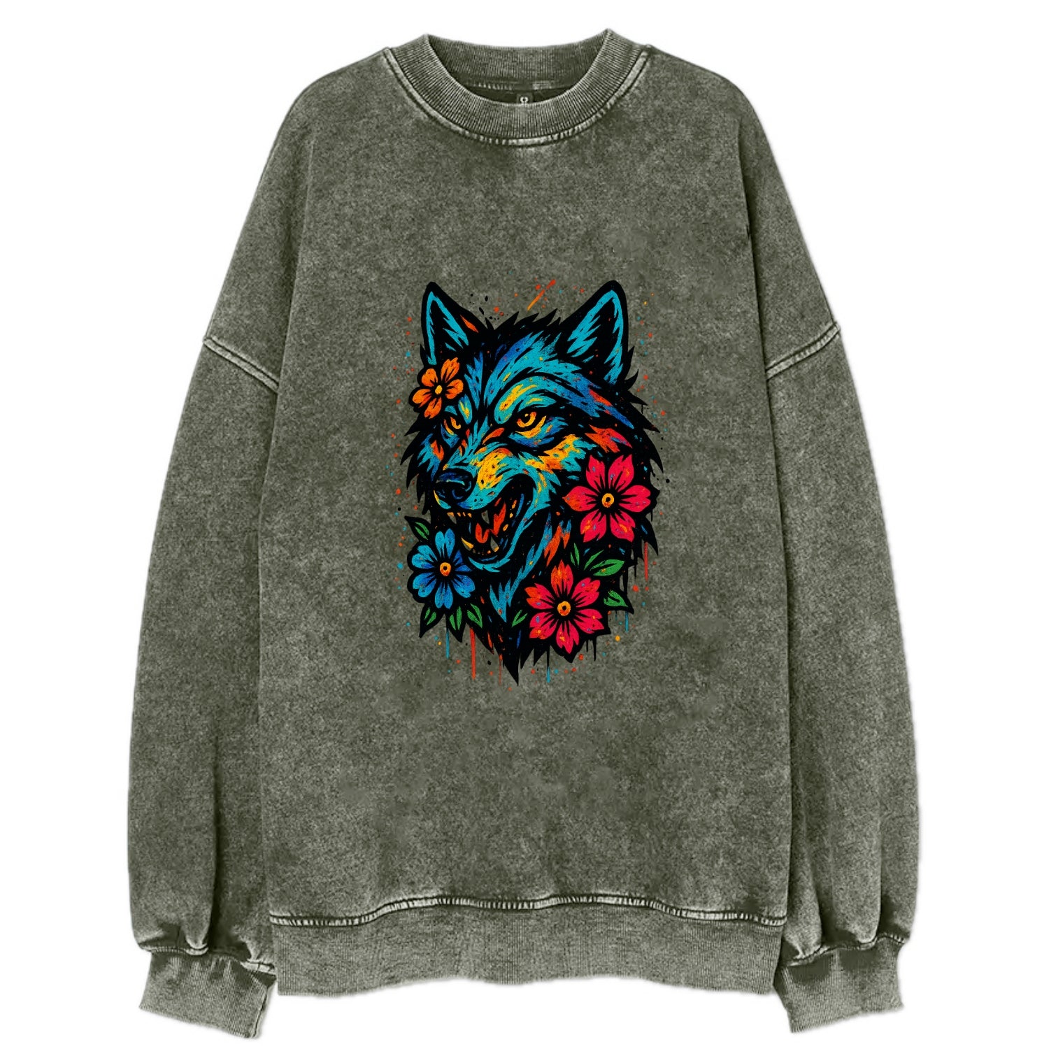Floral Wolf Garden  - Vintage Sweatshirt - Forest Mist(Green)