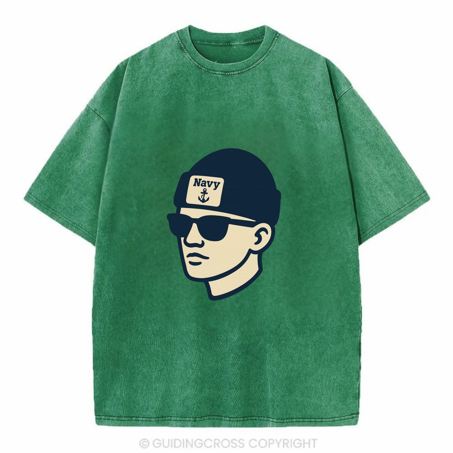 Annapolis Midshipman wearing Navy beanie with anchor patch - Vintage T-shirt - Forest Mist(Green)