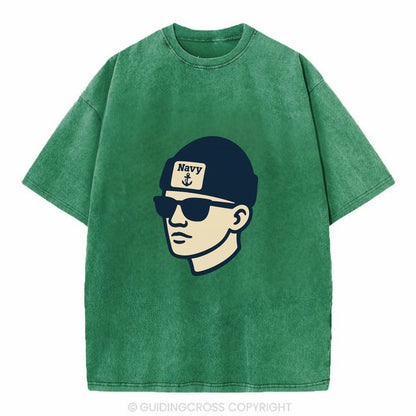 Annapolis Midshipman wearing Navy beanie with anchor patch - Vintage T-shirt - Forest Mist(Green)