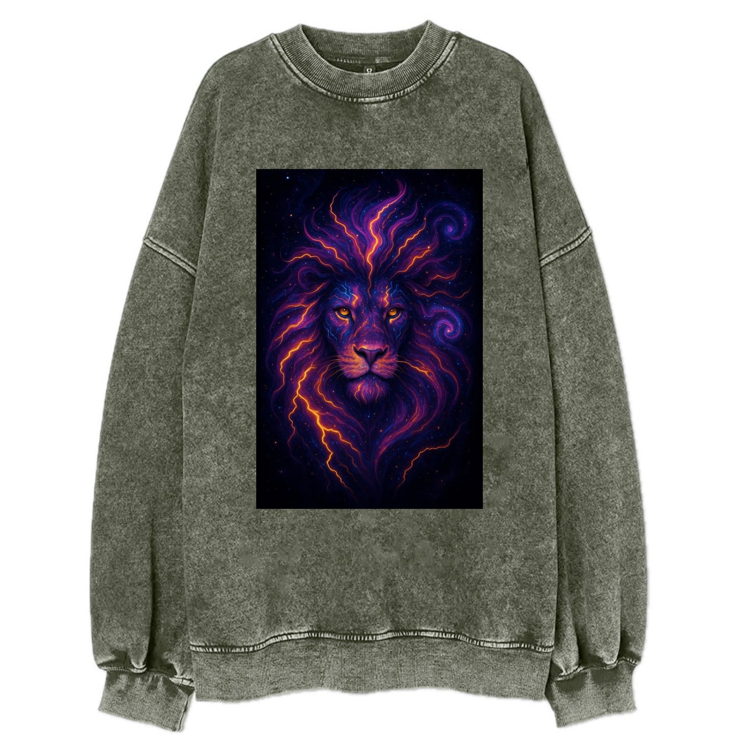 Regal lion with mane made of electric currents, neon yellow and hot pink - Vintage Sweatshirt - Forest Mist(Green)