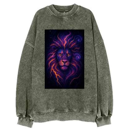 Regal lion with mane made of electric currents, neon yellow and hot pink - Vintage Sweatshirt - Forest Mist(Green)