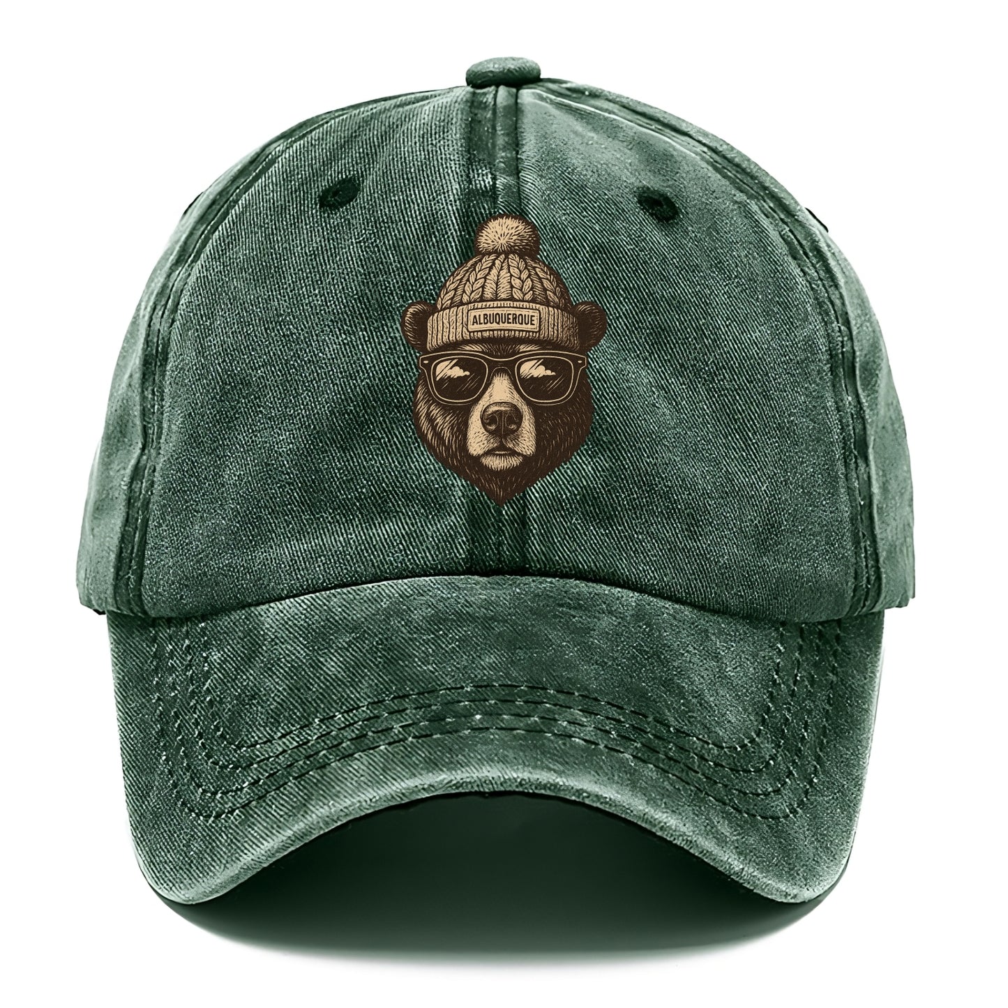 New Mexico Black Bear wearing Albuquerque beanie with pom pom and wayfarer sunglasses - Classic Cap - Forest Mist(Green)