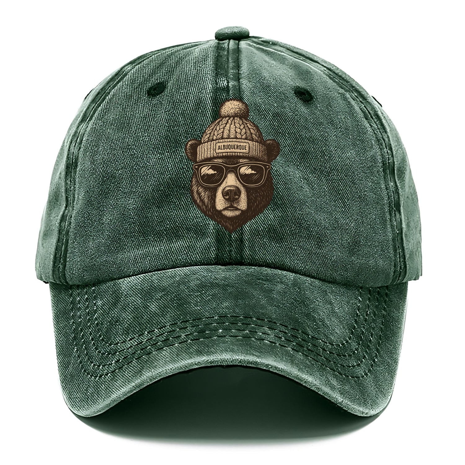 New Mexico Black Bear wearing Albuquerque beanie with pom pom and wayfarer sunglasses - Classic Cap - Forest Mist(Green)