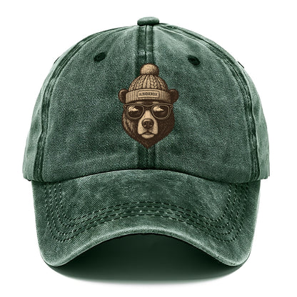 New Mexico Black Bear wearing Albuquerque beanie with pom pom and wayfarer sunglasses - Classic Cap - Forest Mist(Green)