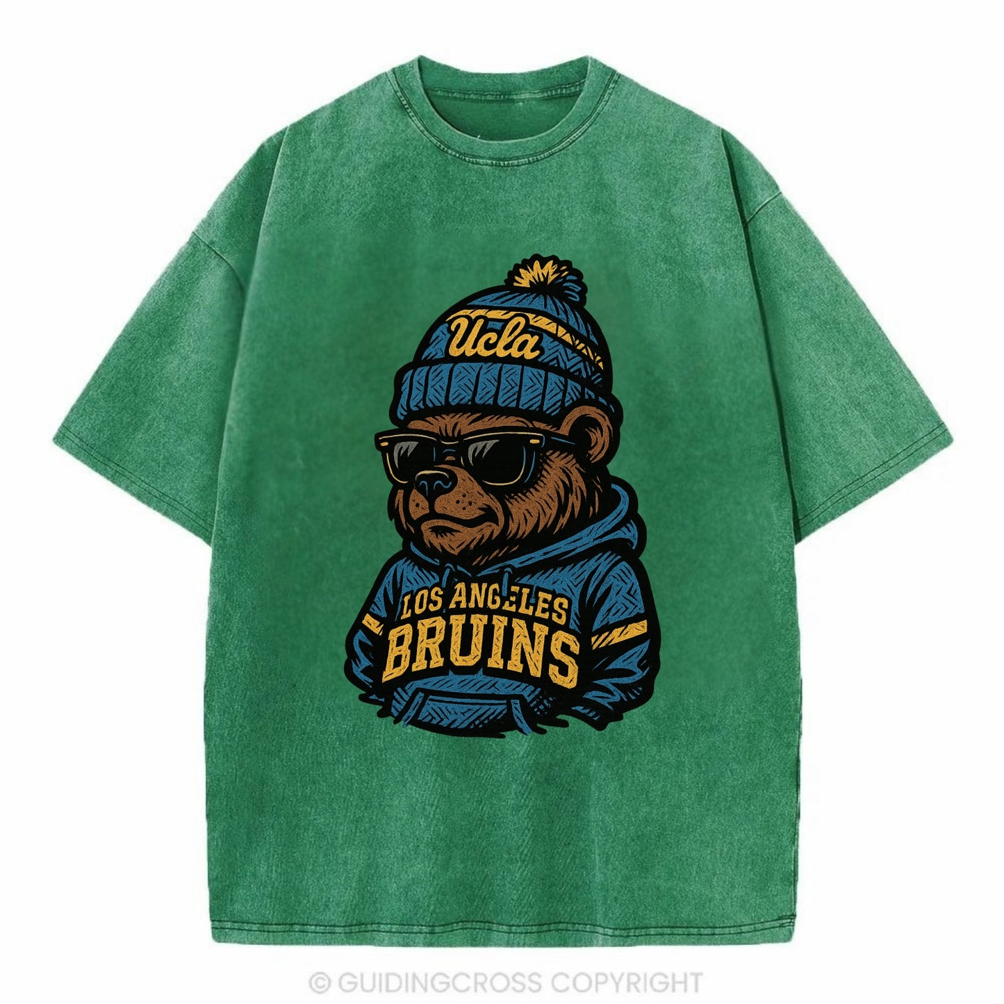 Los Angeles Bruin wearing UCLA beanie with script patch - Vintage T-shirt - Forest Mist(Green)
