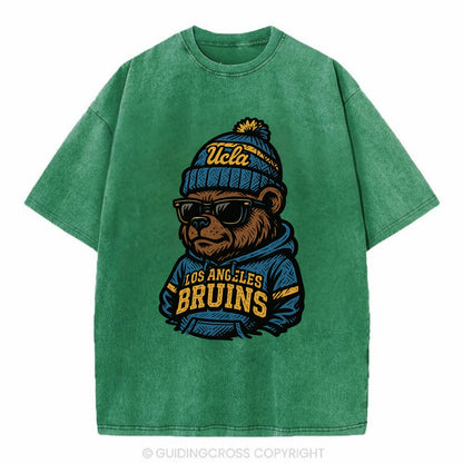 Los Angeles Bruin wearing UCLA beanie with script patch - Vintage T-shirt - Forest Mist(Green)