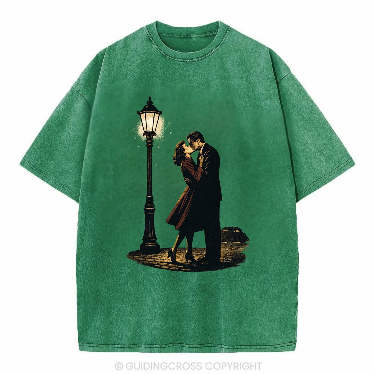 first kiss under vintage street lamp on cobblestone at night - Vintage T-shirt - Forest Mist(Green)