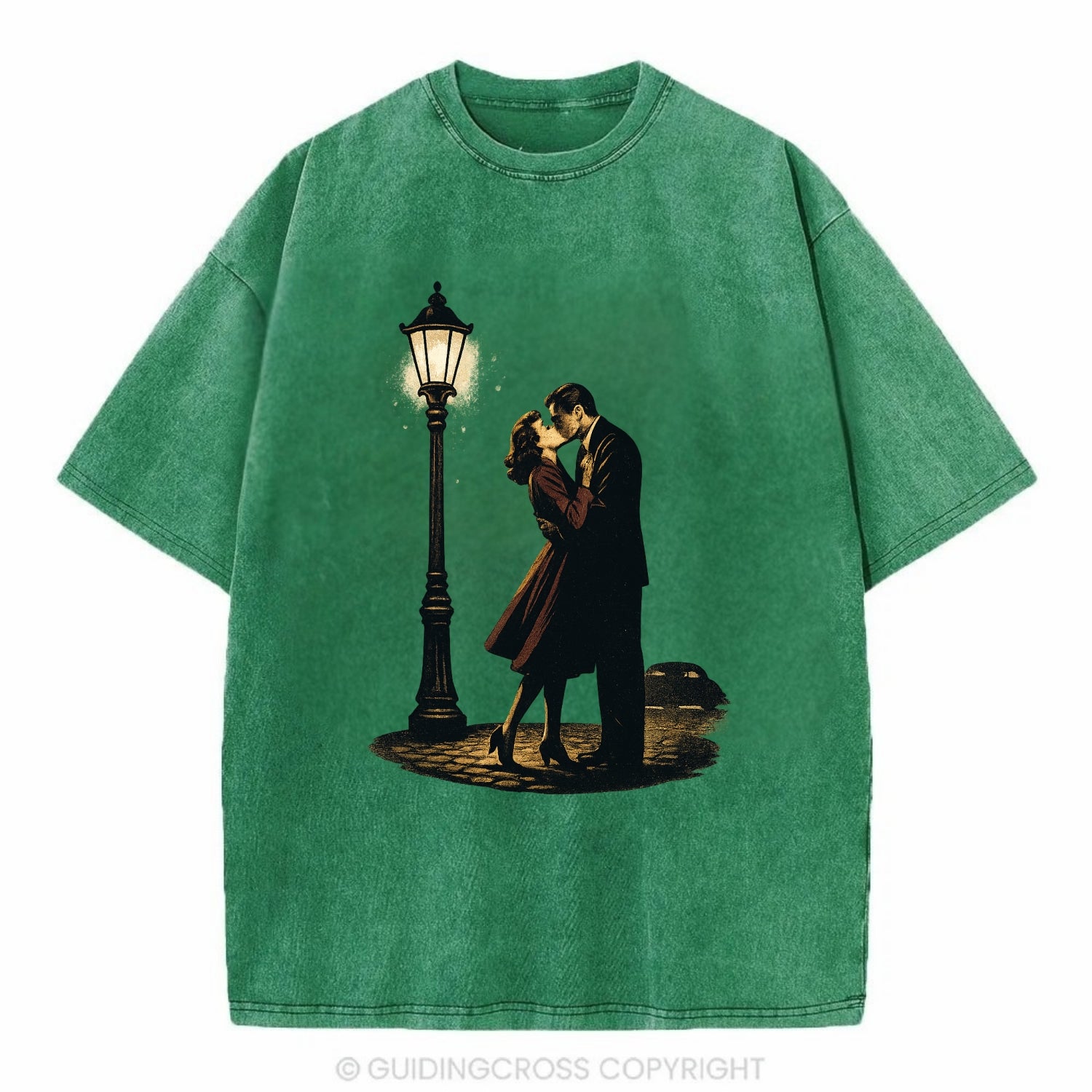 first kiss under vintage street lamp on cobblestone at night - Vintage T-shirt - Forest Mist(Green)
