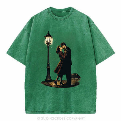 first kiss under vintage street lamp on cobblestone at night - Vintage T-shirt - Forest Mist(Green)