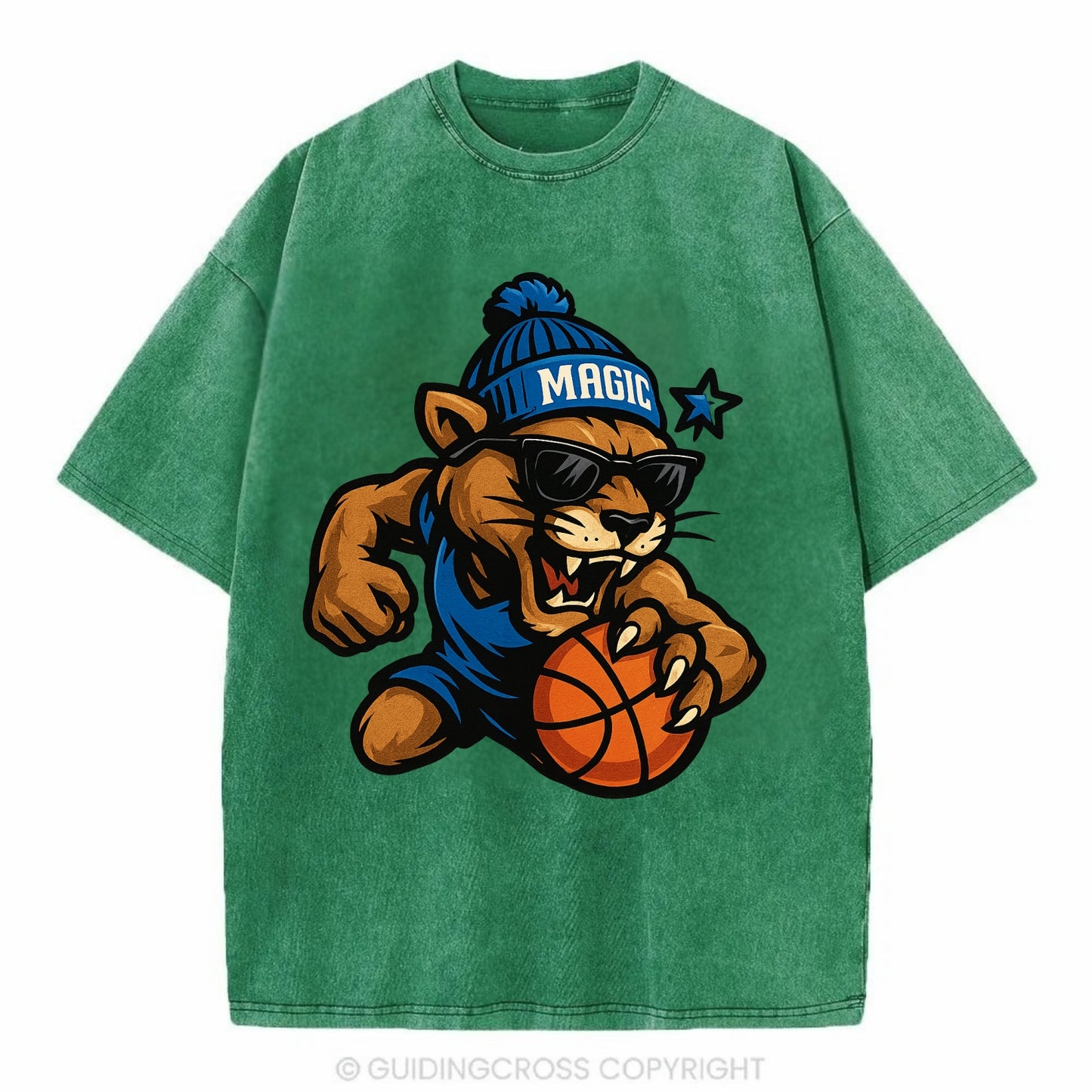 Florida Panther wearing Magic beanie with star wand patch and wayfarer sunglasses - Vintage T-shirt - Forest Mist(Green)