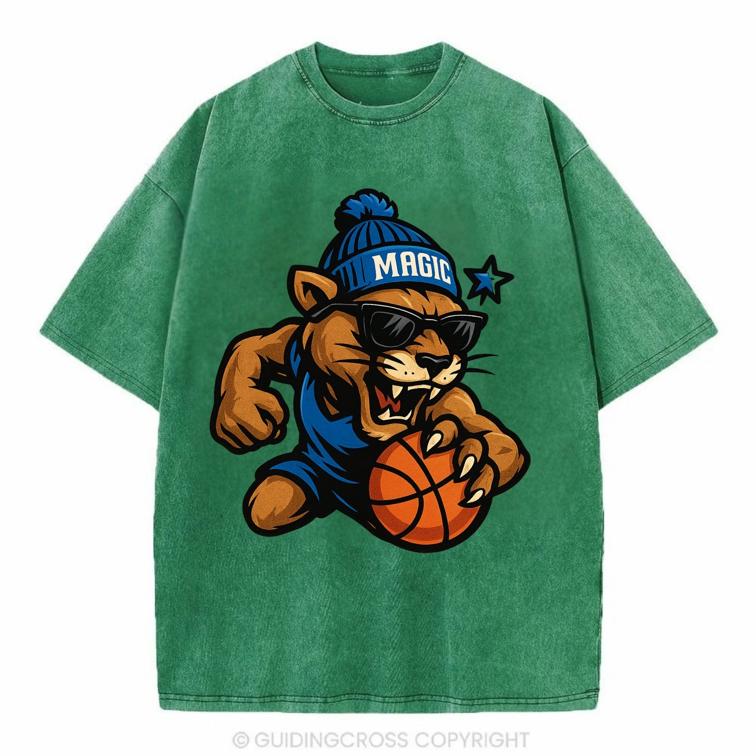 Florida Panther wearing Magic beanie with star wand patch and wayfarer sunglasses - Vintage T-shirt - Forest Mist(Green)