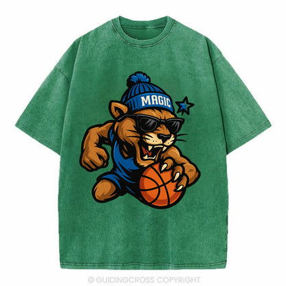 Florida Panther wearing Magic beanie with star wand patch and wayfarer sunglasses - Vintage T-shirt - Forest Mist(Green)